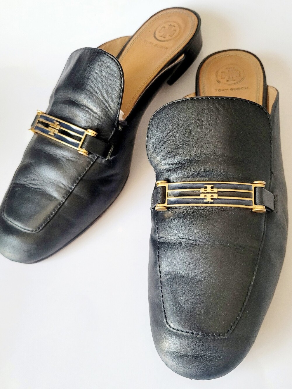 Tory Burch Amelia Calfskin Leather Backless Loafers Gold Logo Hardware Black 9.5